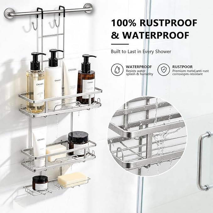 OMAIRA Over The Door Shower Caddy, 3-Tier Hanging Shower Organizer with 8 Hooks & Soap Holder, Height-Adjustable Rustproof Bathroom Shelf for Shower Door, No Drilling Storage Rack, Sliver