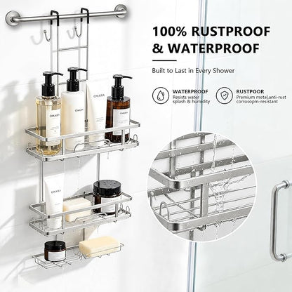 OMAIRA Over The Door Shower Caddy, 3-Tier Hanging Shower Organizer with 8 Hooks & Soap Holder, Height-Adjustable Rustproof Bathroom Shelf for Shower Door, No Drilling Storage Rack, Sliver