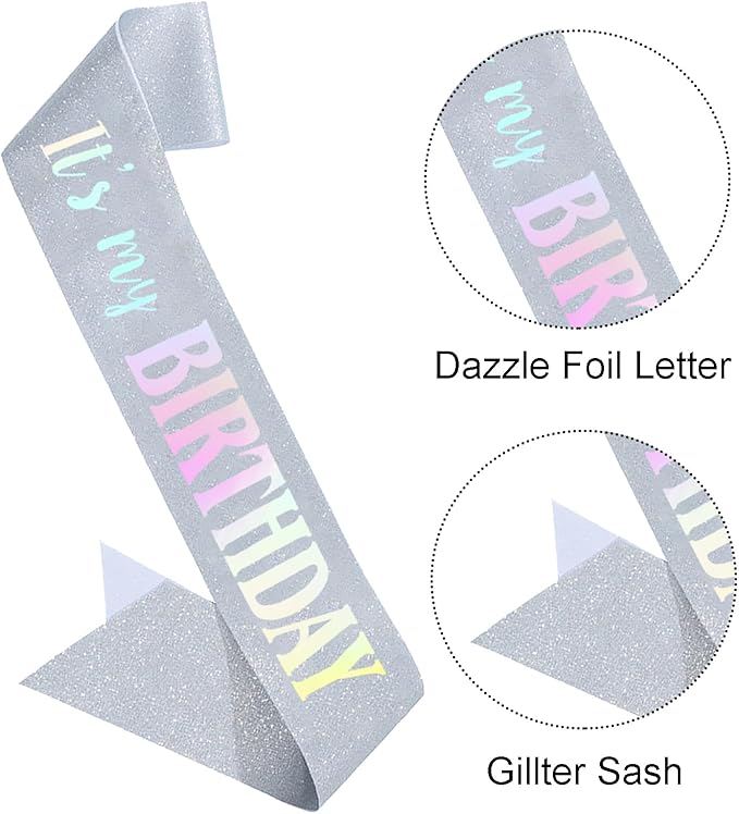 It's My Birthday Sash, Dazzle Foil Letter Glitter Silver Birthday Sash for Women Girl Kids Teenager Funny Bday Gifts Party Favors Photo Prop