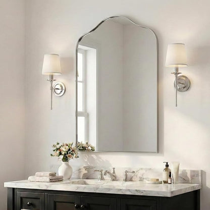 ANDY STAR Scalloped Arched Mirror, 26x38 Polished Chrome Irregular Bathroom Mirror for Vanity, Curved Top with Silver Rustproof Stainless Steel Frame, for Powder Room, Entryway, Bedroom, Fireplace