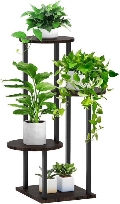 4 Tier Plant Stand Indoor, Metal Wooden Tall Plant Shelf Flower Pot Stand for Multiple Plants, Corner Flower Holder Plant Display Rack for Living Room Balcony Patio Garden (Black)