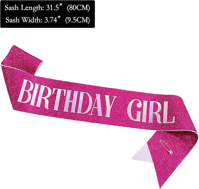 Birthday Sash for Girl, Dazzle Foil Letter Glitter Hot Pink Birthday Sash for Women Girl Kids Teenager Bday Gifts Party Favors Photo Prop