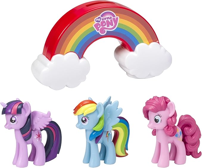 DecoSet® My Little Pony™ Over The Rainbow Signature Cake Topper, 4 Piece Decoration, Dash, Pinkie Pie, and Twilight Sparkle, Coin Bank, Collectable Figurines For Birthday