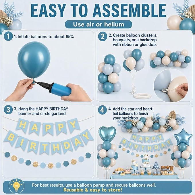 Blue Birthday Party Decorations for Boys Men Dusty Blue Sand White Balloon Set with Star Heart Foil Balloons Happy Birthday Bunting Banner Garland Navy Light Cream Beige Party Decor Kit Baby Girls
