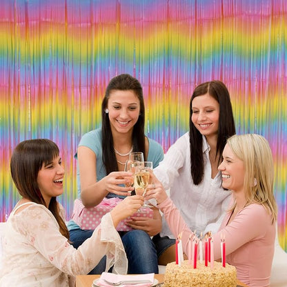 PIGETALE Pastel Rainbow Foil Fringe Curtains, 2Pcs 3.2x8.2ft Metallic Tinsel Foil Streamers Colourful Photo Booths Props Backdrop for Easter Princess Birthday Wedding Engagement Party Decorations