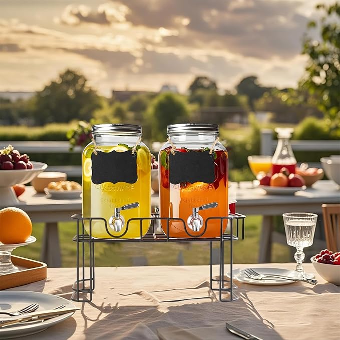 1 Gallon Glass Drink Dispenser with Stand,2 Pack Glass Beverage Dispenser with Stainless Steel Spigot,Water Lemonade Dispenser for Parties