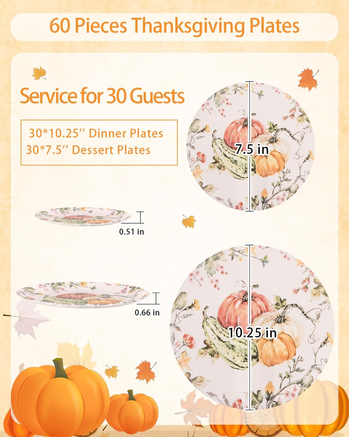 LIYH 60 Pcs Thanksgiving Plates Disposable Heavy Duty Thanksgiving Pumpkin Plastic Plates Fall Plastic Plate Include 30 10.25" Dinner & 30 7.5" Dessert Plate