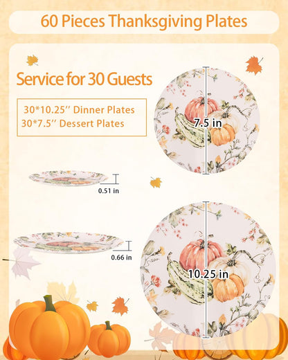 LIYH 60 Pcs Thanksgiving Plates Disposable Heavy Duty Thanksgiving Pumpkin Plastic Plates Fall Plastic Plate Include 30 10.25" Dinner & 30 7.5" Dessert Plate