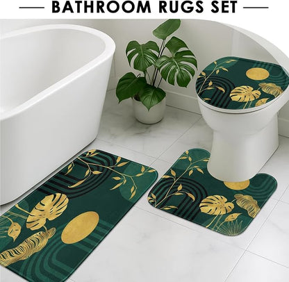 Boho Green Shower Curtain Set with Toilet Lid Cover and Non-Slip Rugs, Tropical Botanical Abstract Green Gold 4 Pcs Modern Minimalist Vintage Shower Curtain for Bathroom Set with 12 Hooks