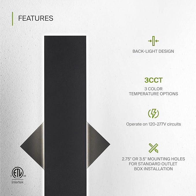 ASD LED 24" Long Wall Mount Light Fixture, Outdoor & Indoor Linear Sconce | 3CCT, Dimmable, Waterproof, Anti-Rust, ETL Listed | 24W 1500LM 3000-5000K 100-277V | Exterior Porch Lighting | Black