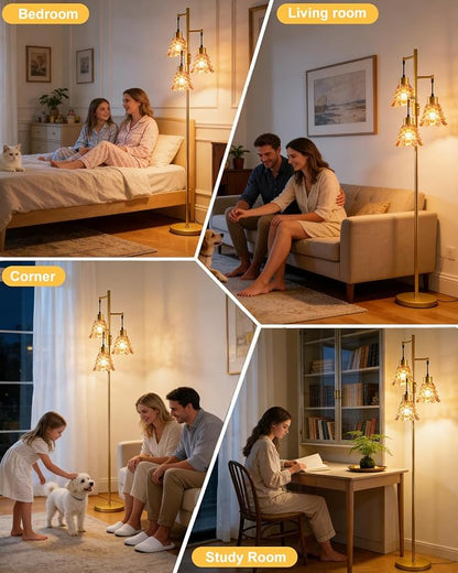 Lightdot 67" Glass Floor Lamps for Living Room, 3-Light Dimmable Floor Lamp with Amber Glass Shade& Bulbs Included, Mid Century Standing Tall Lamp with 5Lbs Heavy Base for Bedroom/Sofa Beside-Gold