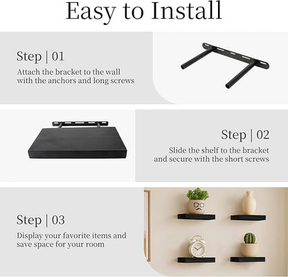 BGMG Wood Floating Shelves 12 inch,Black Floating Shelves,Solid Wood Wall Shelves for Bathroom Living Room Bedroom Kitchen Farmhouse Set of 2-12x 6.7 x1.25 inch