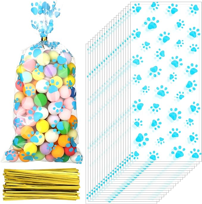 Boao 150 Pcs Dog Pet Paw Print Cellophane Bags Treat Gift Candy Cookie Bags with 150 Pieces Twist Ties for Dog Party Favor Decorations(Blue)