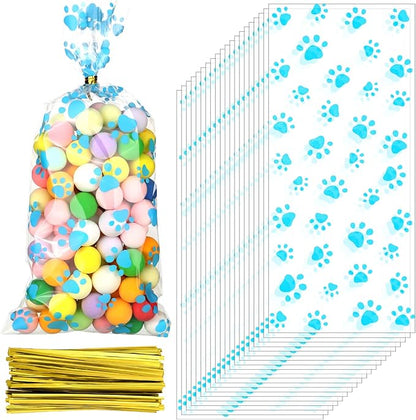 Boao 150 Pcs Dog Pet Paw Print Cellophane Bags Treat Gift Candy Cookie Bags with 150 Pieces Twist Ties for Dog Party Favor Decorations(Blue)
