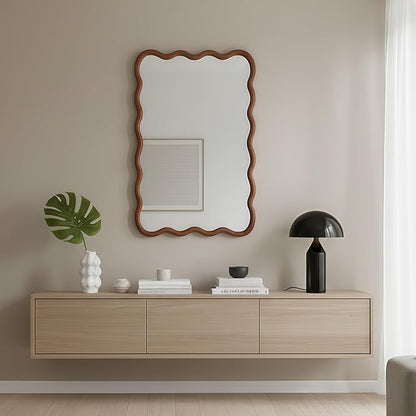 30x20 Inch Wooden Wavy Rectangle Wall Mirror, Modern Solid Wood Frame Decorative Accent Mirror for Bedroom, Bathroom, Living Room, Entryway, Yellowish Brown