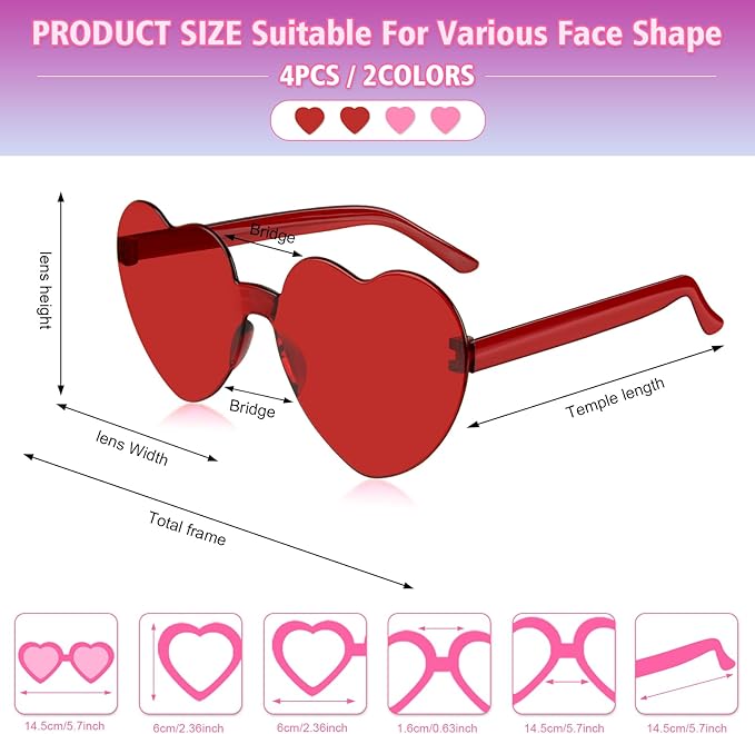 NACHLYNN 4 Pairs Rose Red and Red Heart Shaped Sunglasses for Women - Rimless Heart Glasses for Party Favors