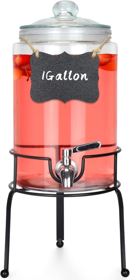 1 Gallon Beverage Dispenser 1 Pack, Stainless Steel Spigot Drink Dispenser for Parties with Stand, Clear Glass Drink Container Easy to Refill and Clean