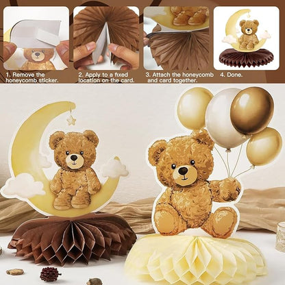Baby Shower Decorations Set, Teddy Bear Brown White Gold Party Supplies with Balloons, Welcome Baby Banner, Paper Flowers, Gender Reveal We Can Bearly Wait Party Decoration for Boy Girl