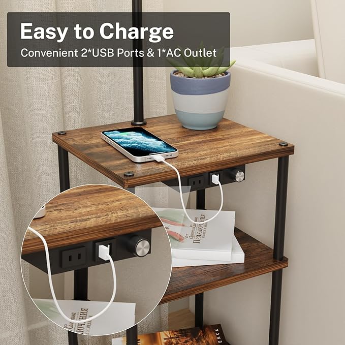 Floor Lamp with Table, Side Table with USB Charging Port and Outlet, Modern Bedside Nightstand End Table with Floor Light for Living Room, Bedroom, Guest Room, Bulb Included, 2 Pack