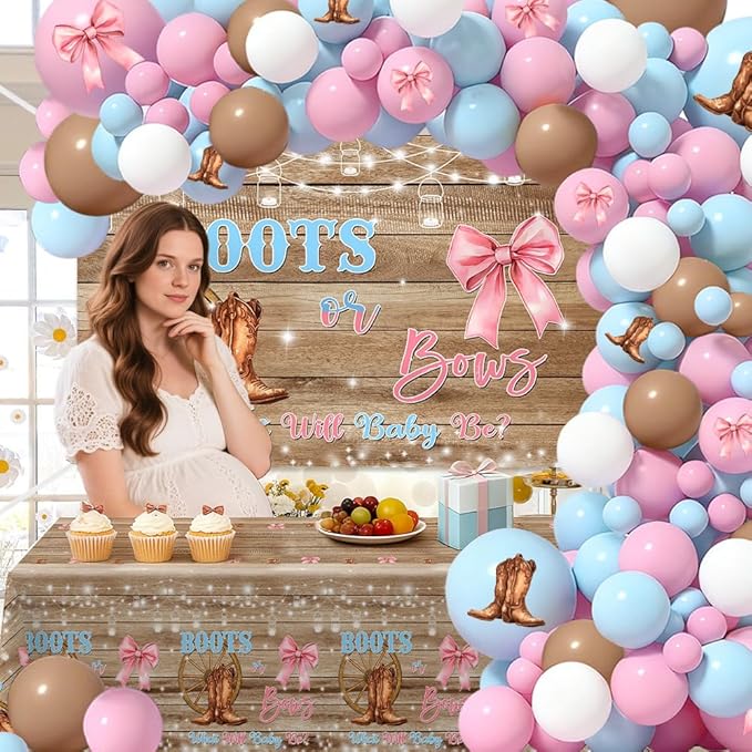 MEHOFOND Boots or Bows Gender Reveal Decorations Kit, 116Pcs Pink and Blue Balloon Arch Set with Rustic Western Backdrop and Tablecloth, What Will Baby Be Cowgirl Cowboy Gender Reveal Party Supplies