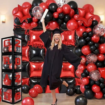 Seenelling Red Black 133 Pcs Graduation Decorations 2026 Set Red Black Balloons Boxes with Letters 2026 Grad Square Foil Balloons Complete Party Supplies for High School College Celebrations