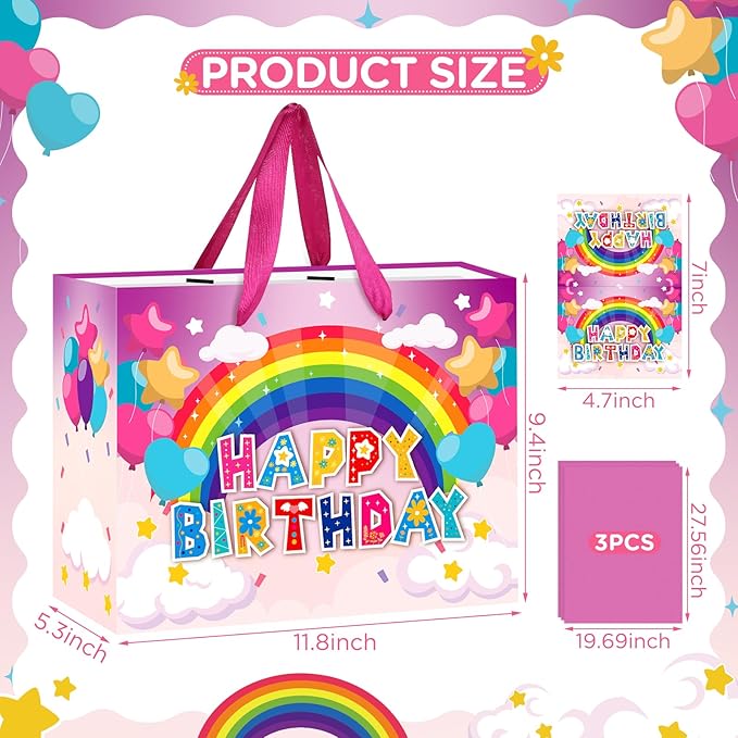 Large Birthday Gift Bag for Girls Kids Happy Rainbow Birthday Gift Bag with Greeting Card and Tissue Paper Colorful Birthday Gift Wrapping Paper Bag for Girls Birthday Baby Shower Party Supplies Decor