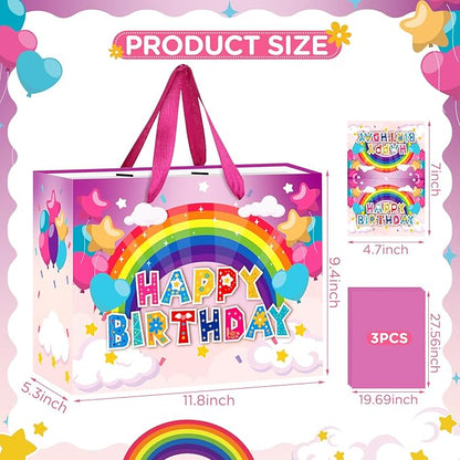 Large Birthday Gift Bag for Girls Kids Happy Rainbow Birthday Gift Bag with Greeting Card and Tissue Paper Colorful Birthday Gift Wrapping Paper Bag for Girls Birthday Baby Shower Party Supplies Decor