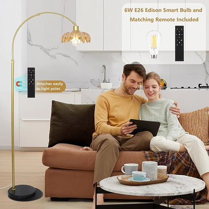 Gold Floor Lamp for Bedroom, Arc Floor Lamp with Remote & LED Bulb, Flower Standing Lamps for Living Room, Glass Corner Tall Lamp, Mid Century Modern Floor Lamps, Arched Stand Up Lamp (Amber)