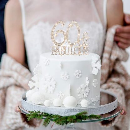60 & Fabulous Cake Topper 60 Years Birthday Or 60th Wedding Anniversary Gold Crystal Rhinestone Party Decoration
