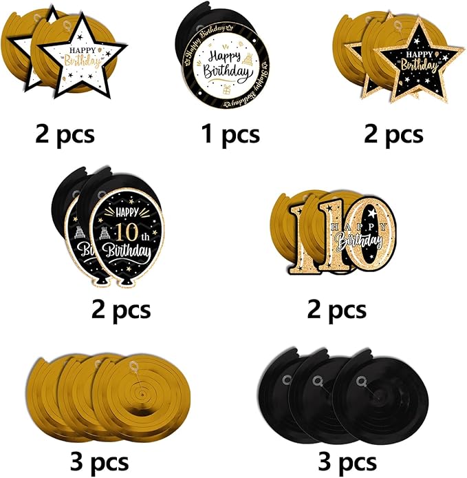 Happy 10th Birthday Black & Gold Glitter Swirls Streamers Party Decorations - 15 Pcs 10th Birthday Hanging Swirls Streamers Kit,Cheers to Ten Years Old Bday Party Sign.