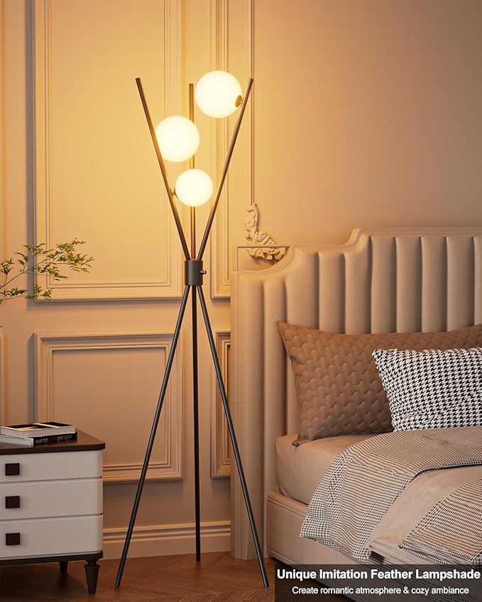 3 Globe Dimmable Tripod Floor Lamp, Mid Century Standing Lamps with 3Pcs 3000K Bulbs Included, Modern Tall Lamp for Living Room Bedroom Office-Black