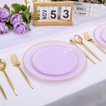 PULOTE 100PCS Purple Plastic Plates Disposable - Include 50 Dinner / 50 Dessert Plates Heavy Duty for Party, Wedding&Easter