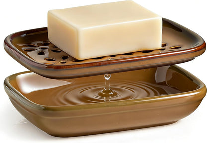 Miamolo Soap Dish with Draining Tray, Bar Soap Holder for Shower Bathroom Bathtub Kitchen Sink, Mess-Free Soap Container Saver with Non-Slip Base, Water Collection Tray Housewarming Gift, Brown