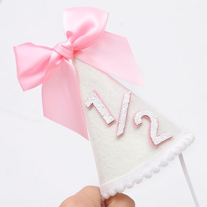 Pink Bow 1/2 Birthday Hat- Pink half Birthday hat, Princess 1st Birthday Supplies,Half Birthday Decorations for Girls
