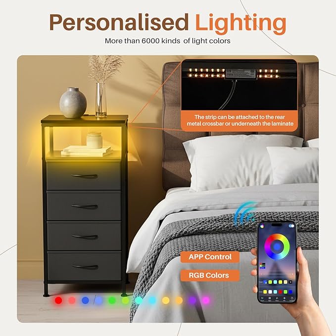 DUMOS Nightstand with Charging Station, LED Night Stand with 4 Fabric Drawers, Bedside End Table with USB/Type-C Ports and Outlets for Bedroom Furniture, Adjustable Feet, Black