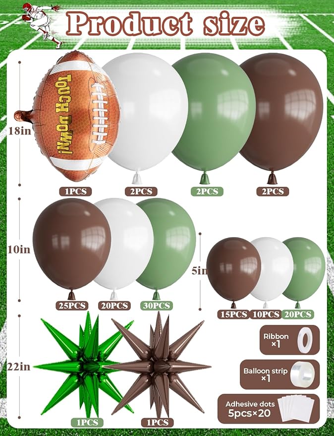 Football Balloon Garland Arch Kit, 129Pcs Green and Brown Balloons Big Star Football Foil Balloons Sage Green White Balloon for Touch Down Rugby Birthday Sports Party Decorations
