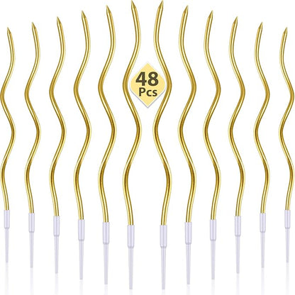 48 Pieces Twisty Birthday Spiral Cake Candles with Holders Long Thin Curly Coil Metallic Cake Cupcake Candles for Birthday Wedding Party Decoration(Metallic Gold)