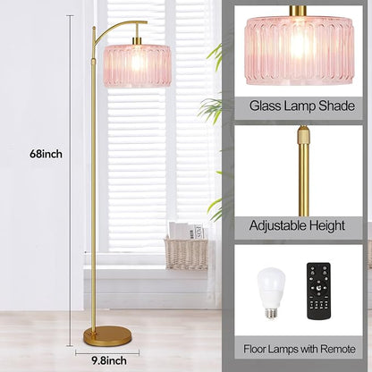 QIYIZM Pink Floor Lamp for Living Room,Bedroom,Gold Dimmable Standing Lamp with Remote,Mid Century Modern Brass Tall Lamp Boho Floor Lamps Arc Stained Glass Flower Floor Light Lamp Girls kids Bohemian