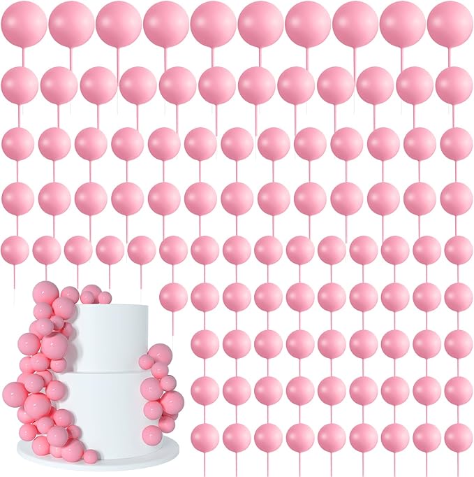 138 Pcs Pink Balls Cake Topper Decorations Balloon Cupcake Toppers Foam Multisize Cake Topper Balls for Birthday Party Wedding Anniversary