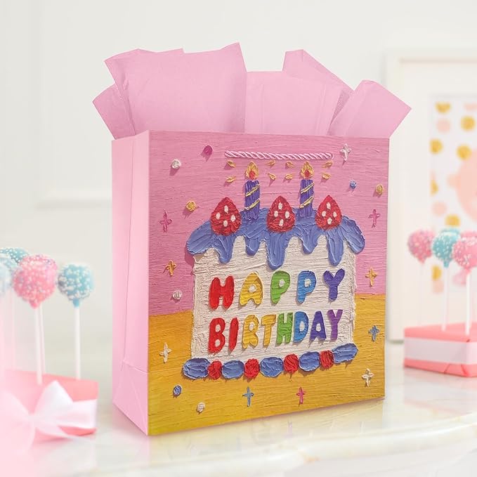 Ziletafei 9" Gift Bag with Tissue Paper, Happy Birthday Candle Cake Design for Girls Women, Pink Medium Size Party Favor Bags