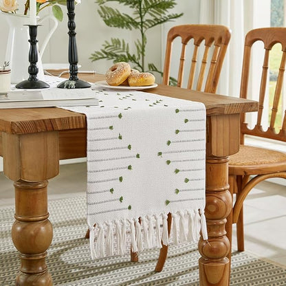 Wracra Boho Table Runner, Natural Cotton Woven Macrame Table Runners 36 Inches Long for Modern Farmhouse Woven Home Decor, 14x36 Inch, Green