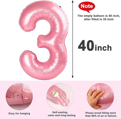 Numbers Balloon 3, 40 Inch Large Pastel Pink Balloon for Three Year Old Birthday Decor, 3 13 30 31 Birthday Party Decorations for Wedding Supplies