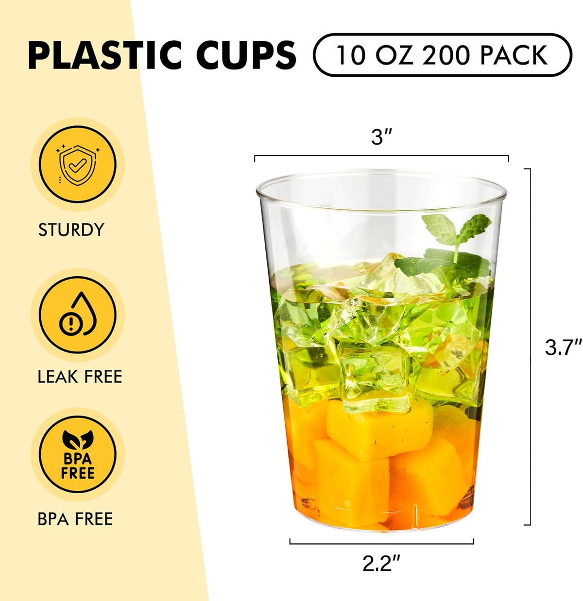 RACETOP 10 oz Clear Disposable Plastic Cups 200 Pack, Clear Plastic Cups Tumblers, Heavy-duty Party Glasses, Disposable Cups
