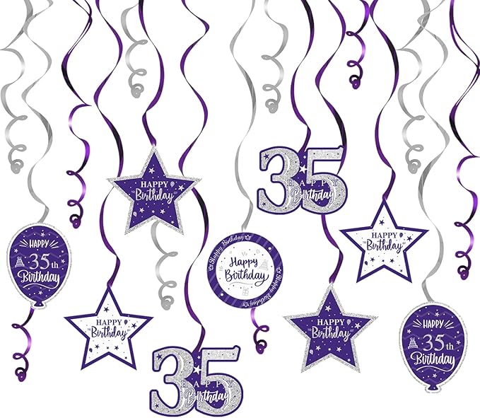 Happy 35th Birthday Purple & Silver Glitter Swirls Streamers Party Decorations - 15 Pcs 35th Birthday Hanging Swirls Streamers Kit,Perfect for 35th Bday Party Sign.