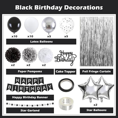 Black and Silver Birthday Decorations for Men, Happy Birthday Party Decorations, Happy Birthday Banner, Balloons, Foil Fringe Curtains, Tissue Paper Pompoms, Star Garland, Party Decor
