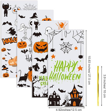 Aegero Halloween Cellophane Treat Bags, 200pcs Trick or Treat Goody Bags with 220pcs Twists for Snacks Cookies Packing, Party Supplies,Halloween 01