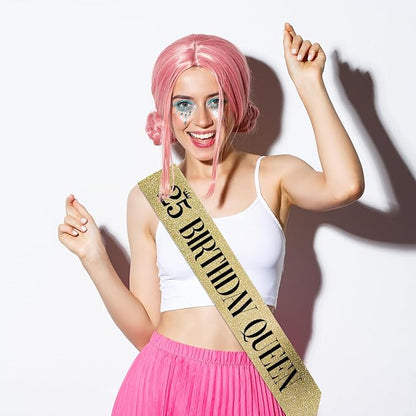25 Birthday Queen 25th Birthday Sash for Women, Gold Glitter Sash with Black Foil