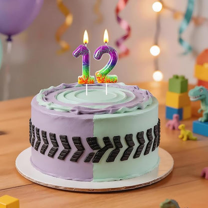 Number 2 Birthday Candle for Cake – Purple Green Flame Design with Lightning & Tire Track Pattern – Off-Road Truck Theme Cake Topper for Birthday Party Decoration