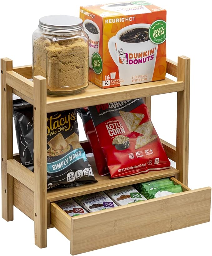Sorbus Bamboo Bathroom Counter Organizer – 2-Tier Shelf with Hidden Drawer for Vanity, Matcha Station, Bathroom Sink Organizer Countertop, Kitchen & Office Storage (13″ L x 6.5″ W x 12.6″ H)