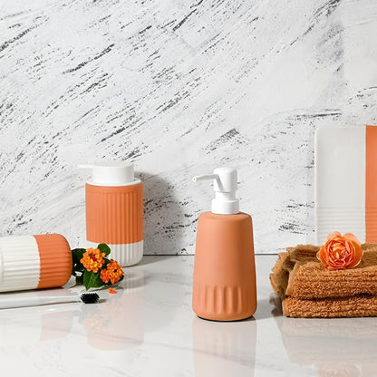 Boho Terracotta and White Ceramic Soap Dispenser, 11 oz Decorative Refillable Hand or Dish Soap Pump for Bathroom or Kitchen, Orange and White